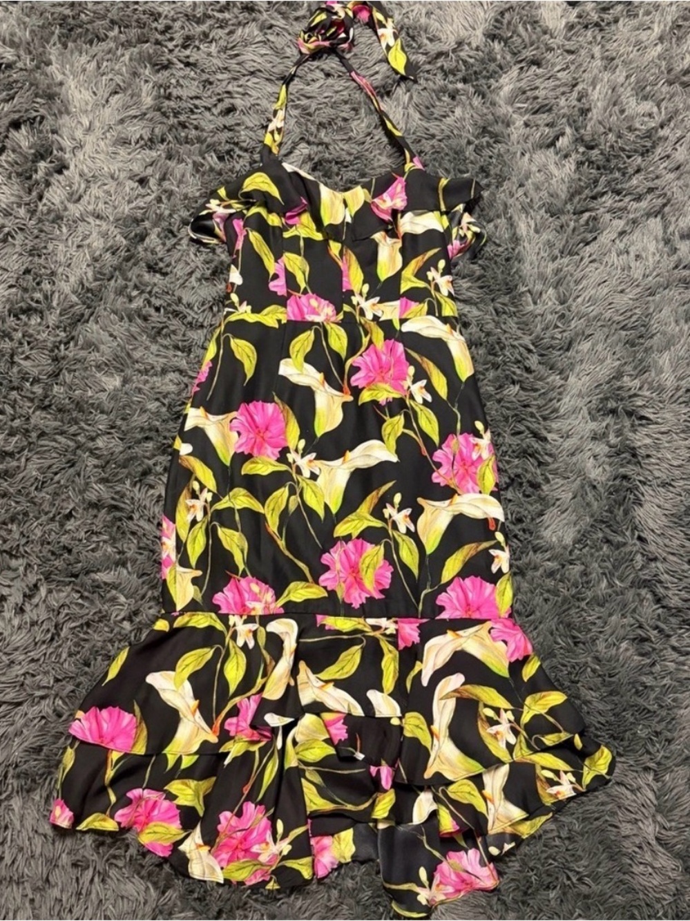 Milly New York y2k bohemian halter midi Hawaiian ruffle hem silk dress size 2
